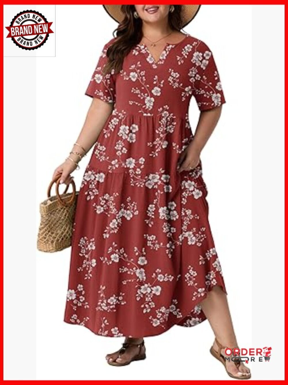 Plus Size Maxi Dress with Pockets V-Neck Flowy Boho Summer Dress